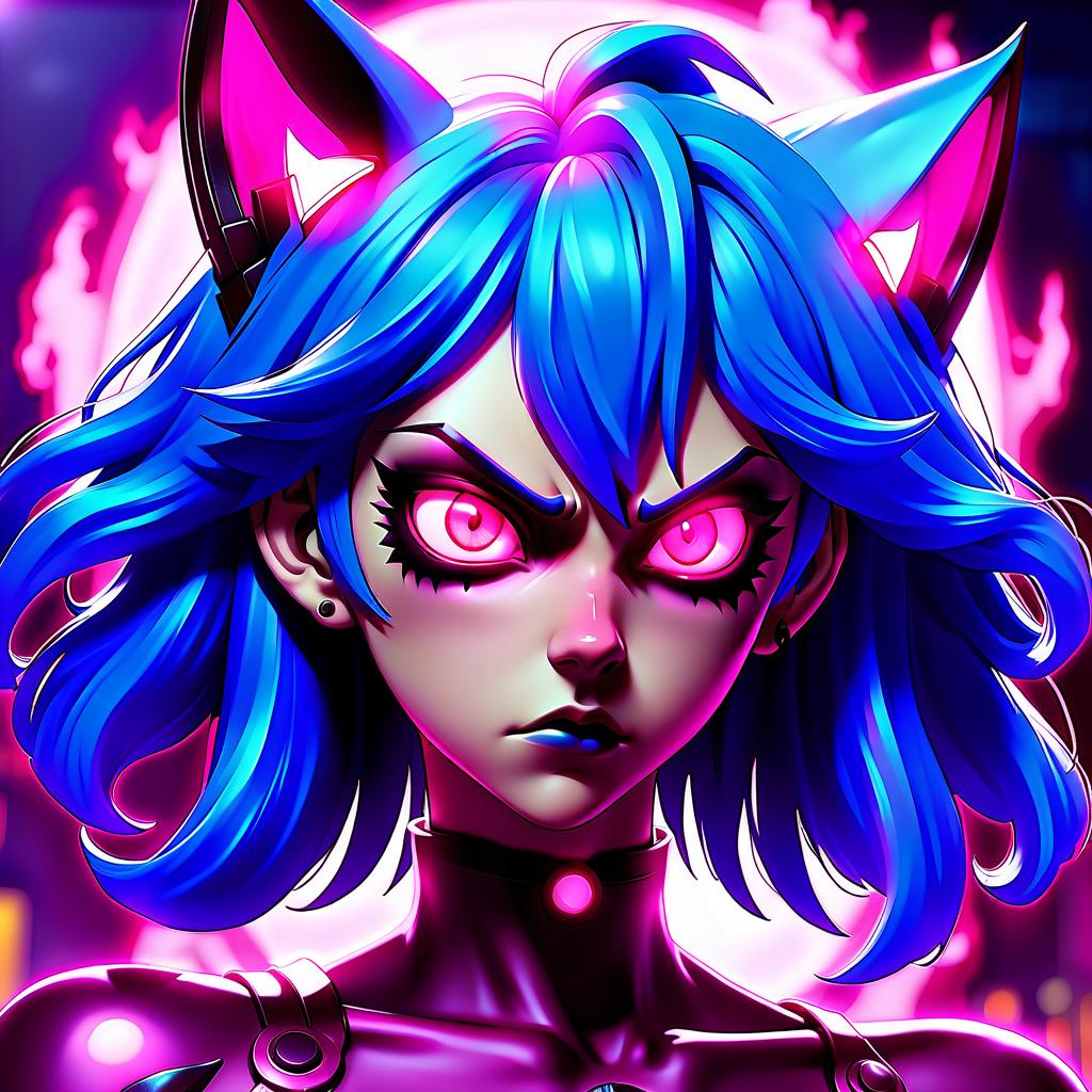  a close up of a person with blue hair, metal cat ears and glowing eyes, anime picture, deep crimson and dark shadows, perfect female body silhouette, bitcoin evil, ((pink)), style of madhouse anime, portrait of evil girl, it is night, looming head