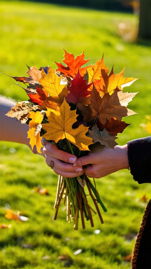  close up first person shot of hands holding bouquet of autumn leaves on sunny autumn day ar 9:16 {prompt}, maximum details