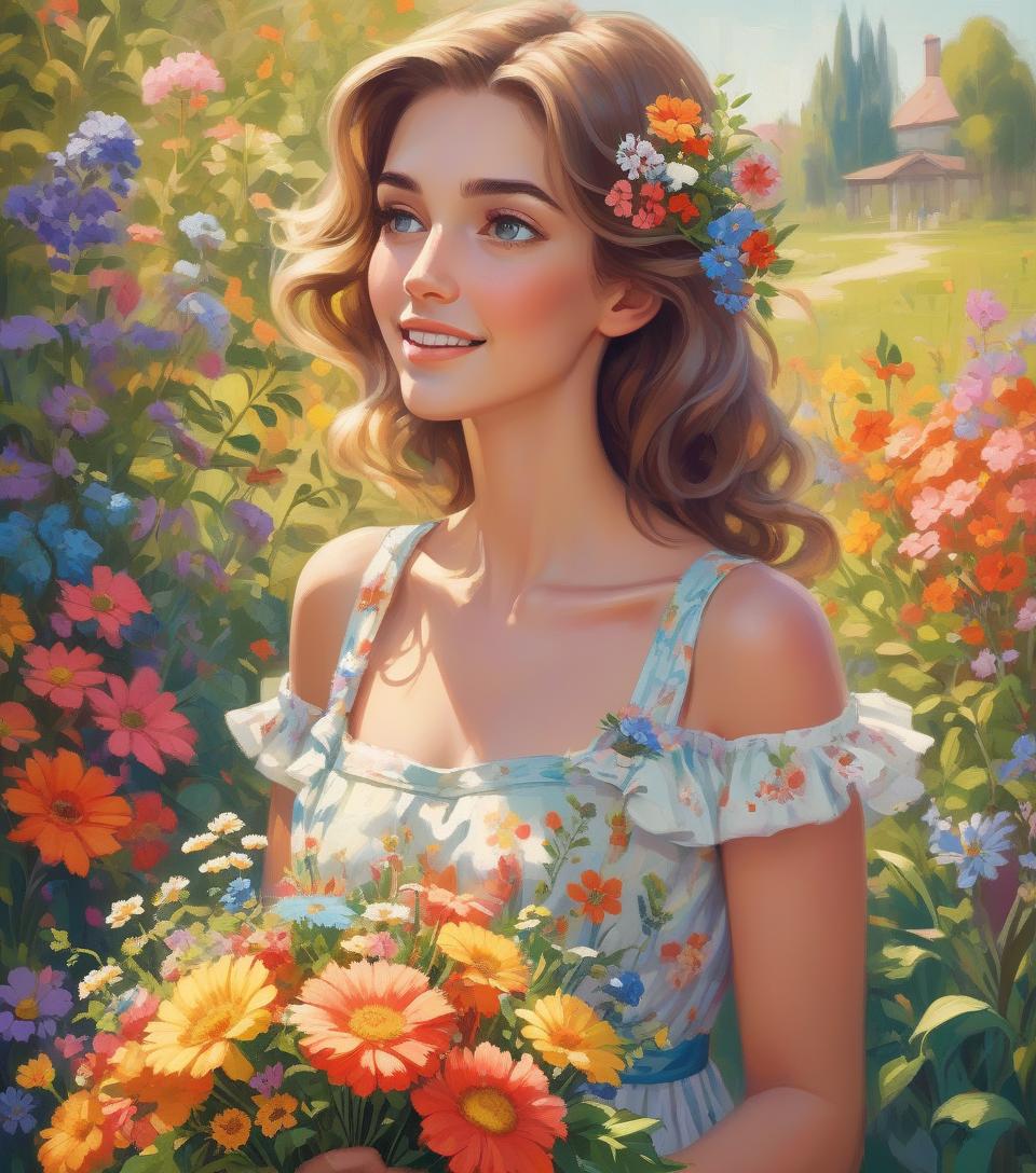  retro game art garden wonders, beautiful woman holding a bouquet of wild flowers to her face, detailed summer garden background, wearing a summer dress, perfect face, delicate face, vivid colors, happiness, oil painting, expressive brushwork, highly detailed, delicate details . 16 bit, vibrant colors, pixelated, nostalgic, charming, fun