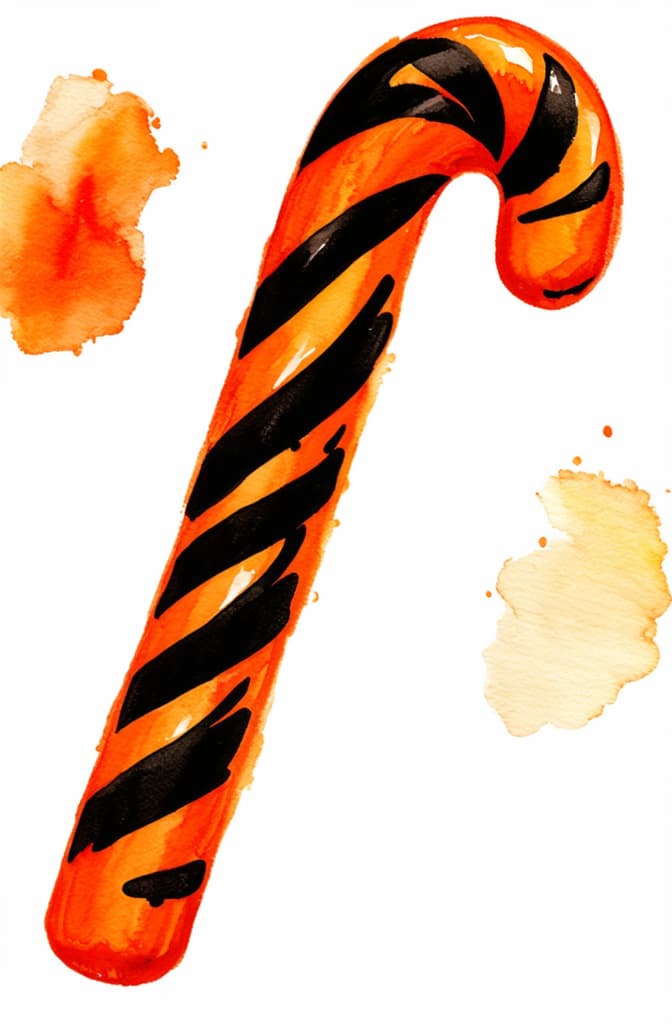  artwork hand drawn watercolor halloween candy cane in black and orange stripes isolated on white background ar 2:3, watercolor techniques, featuring fluid colors, subtle gradients, transparency associated with watercolor art