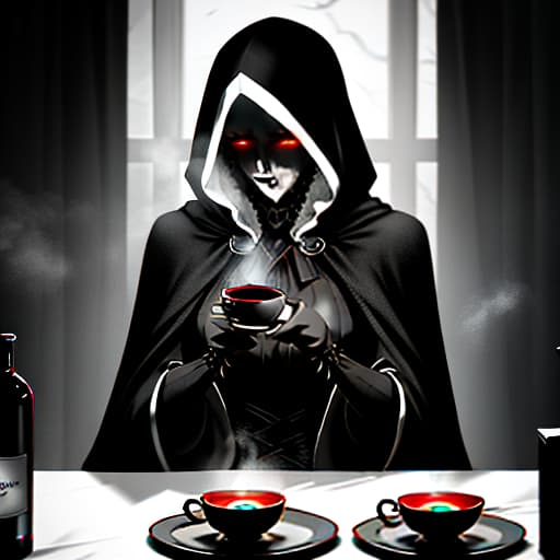  tea, madame, death with cosy, black hood, face hidden behind the hood, hands of bones, tea at the table, slate atmosphere, cinematic, dimmed colors, dark shot, muted colors, film grainy, lut, spooky hyperrealistic, full body, detailed clothing, highly detailed, cinematic lighting, stunningly beautiful, intricate, sharp focus, f/1. 8, 85mm, (centered image composition), (professionally color graded), ((bright soft diffused light)), volumetric fog, trending on instagram, trending on tumblr, HDR 4K, 8K