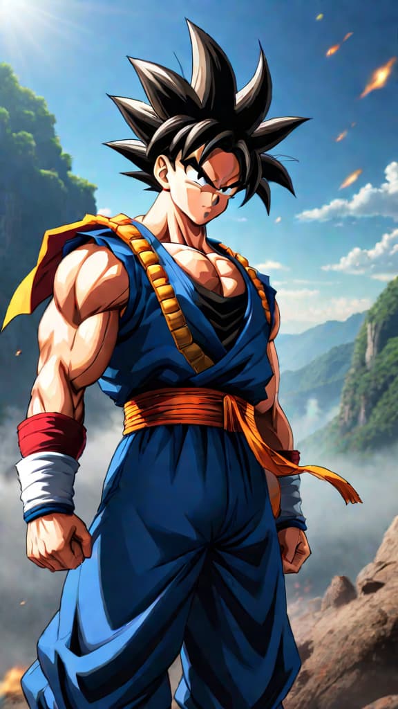  an anime art of goku seeing bardock, from dragon ball, symbolizing his warrior heritage. hyperrealistic, full body, detailed clothing, highly detailed, cinematic lighting, stunningly beautiful, intricate, sharp focus, f/1. 8, 85mm, (centered image composition), (professionally color graded), ((bright soft diffused light)), volumetric fog, trending on instagram, trending on tumblr, HDR 4K, 8K