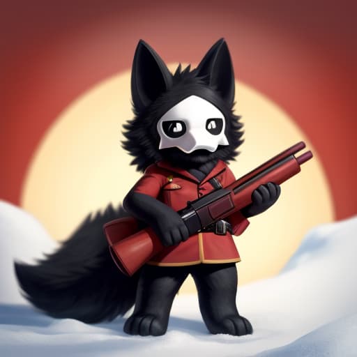  Puro, Red army uniform, Holding a PPSH, brown fur, fluffy, fluffy tail, big tail, snow eviroment, cute, open eyes, digital art, masterpiece, 4k, fine details,