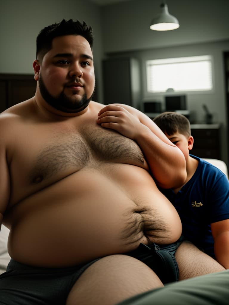  burly forty year old daddy and his chubby overweight twelve year old son, they are incestuously masturbation together , hyperrealistic, high quality, highly detailed, cinematic lighting, intricate, sharp focus, f/1. 8, 85mm, (centered image composition), (professionally color graded), ((bright soft diffused light)), volumetric fog, trending on instagram, HDR 4K, 8K