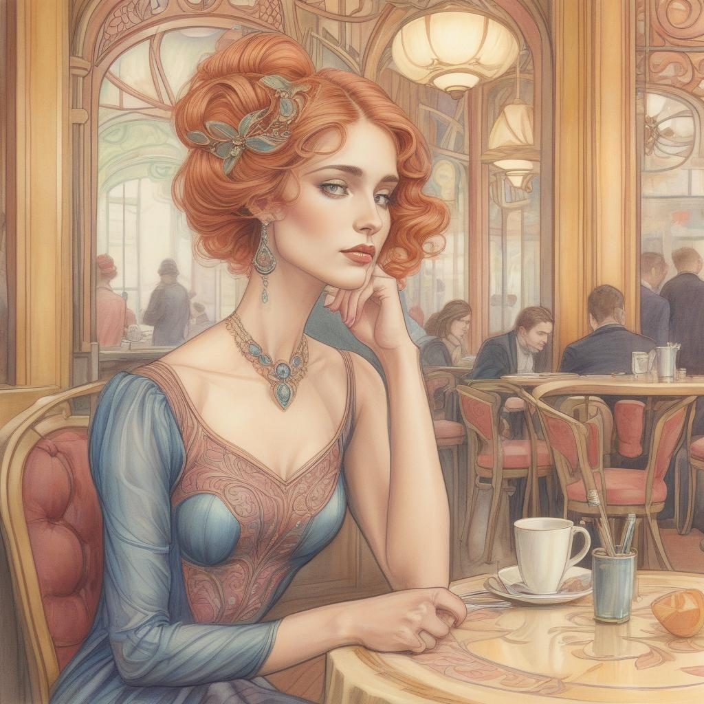  a decorative woman awaits her suitor in an art nouveau cafe setting.. colored pencil draw: art nouveau female portrait..