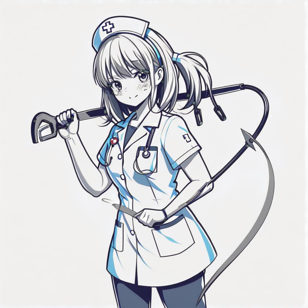  line art drawing nurse girl with hacksaw, same nightmare. anime style . professional, sleek, modern, minimalist, graphic, line art, vector graphics