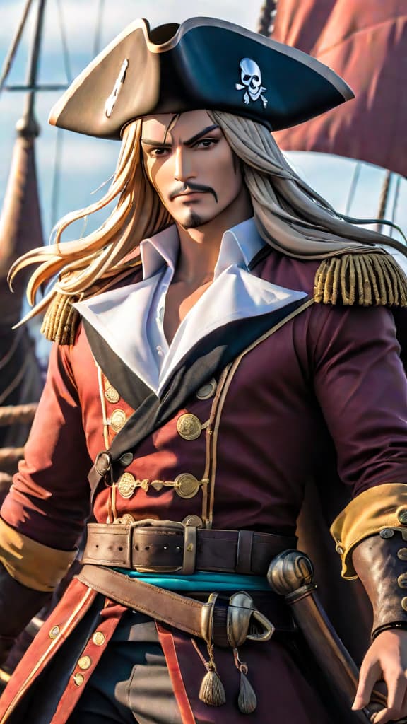  anime art: gol d. roger, the pirate king, showcasing his unmatched conqueror's haki at the top spot. hyperrealistic, full body, detailed clothing, highly detailed, cinematic lighting, stunningly beautiful, intricate, sharp focus, f/1. 8, 85mm, (centered image composition), (professionally color graded), ((bright soft diffused light)), volumetric fog, trending on instagram, trending on tumblr, HDR 4K, 8K