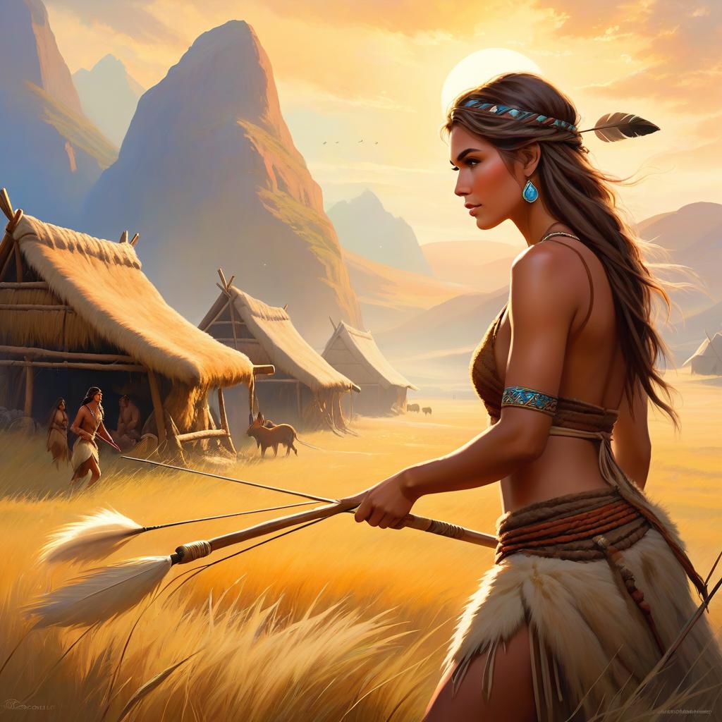  ethereal fantasy concept art of stone age woman in a dirty fur skirt and a dirty fur vest weaving on a loom, hunts in the steppe, outdoor, at full heigh body, with brovn hair, slender, slim waist, long loincloth, tanned skin, at full heigh body, action pose, full heigh body, against the backdrop of a stone age village, . magnificent, celestial, ethereal, painterly, epic, majestic, magical, fantasy art, cover art, dreamy