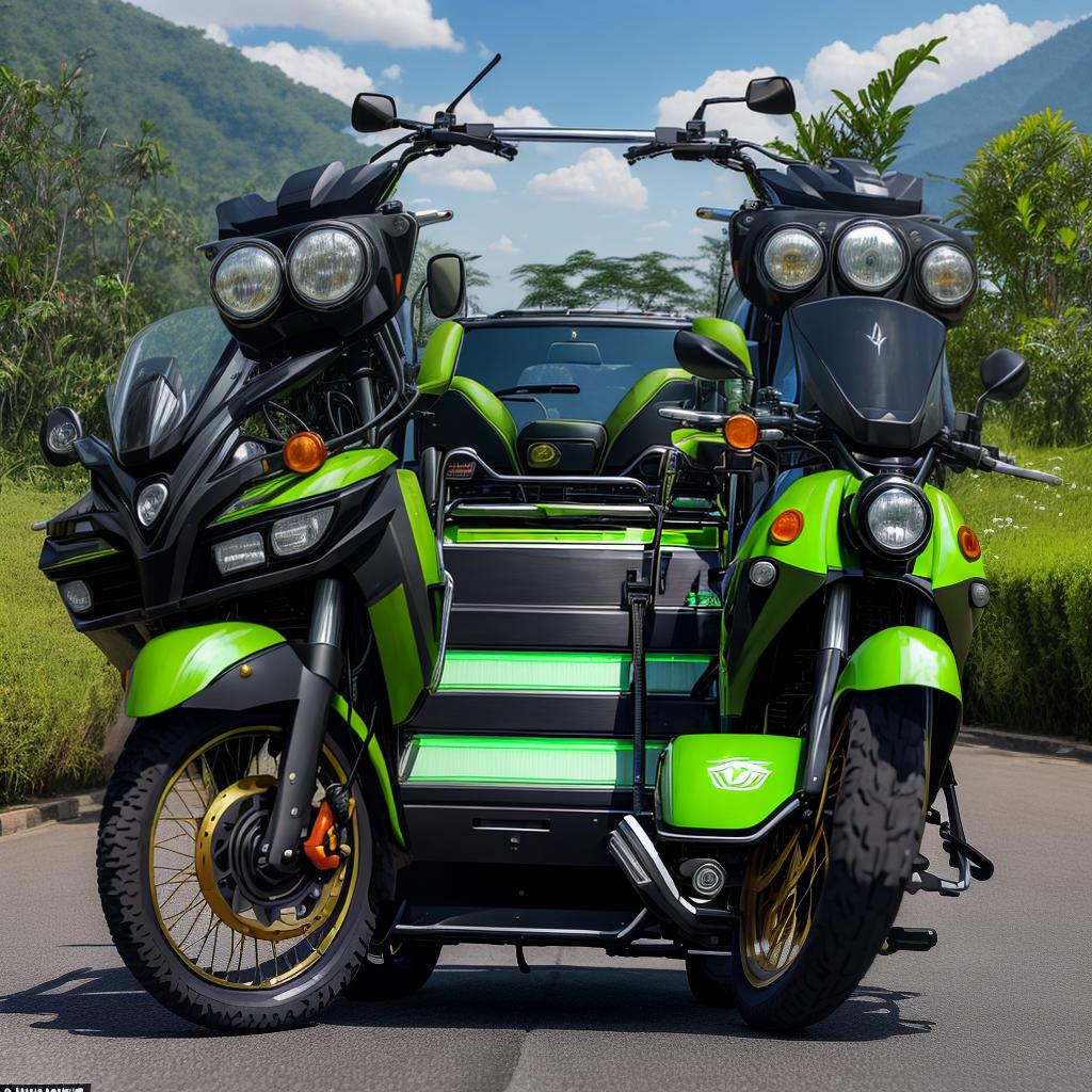  masterpiece, best quality, (Fidelity: 1.4), Kualitas Terbaik, Mahakarya, Resolusi Ultra Tinggi, resolusi 8k, gambar orang, sedang memakai motor ninja, berbadan cabi, terdapat motor ninja disampingnya. warna hijau.