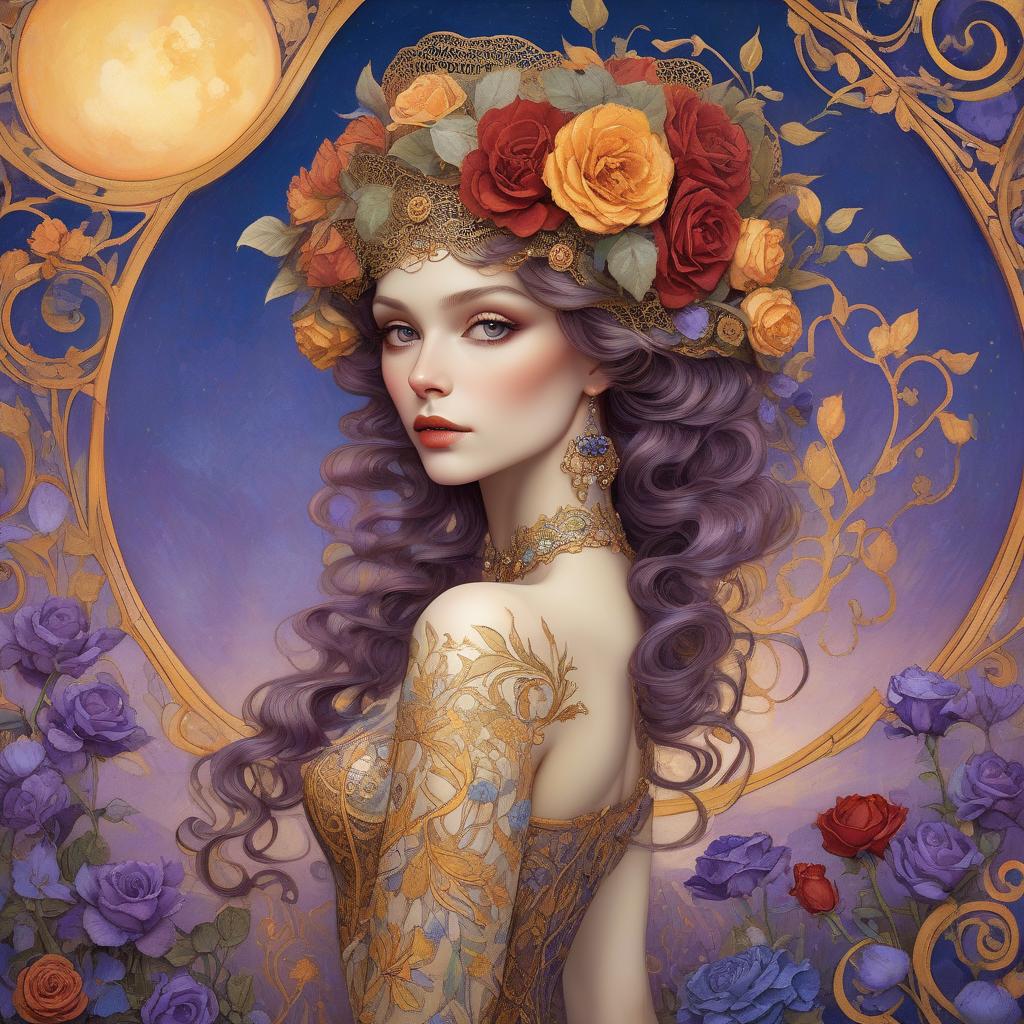  art nouveau style a close up full body portrait of an stylish beautiful woman dressed in klimt style with a beautiful and very detailed face,style of jean baptiste monge, van gogh style, so many kind of flowers ,roses, klimt style. sunset. background, masterpiece, use shades of purple , blue, red and green best quality, super detailed, high resolution, very detailed, 8k uhd, realistic, (natural light), amazing, fine details, best, high quality, raw photo. arte nova. ember filigree and lace. . elegant, decorative, curvilinear forms, nature inspired, ornate, detailed