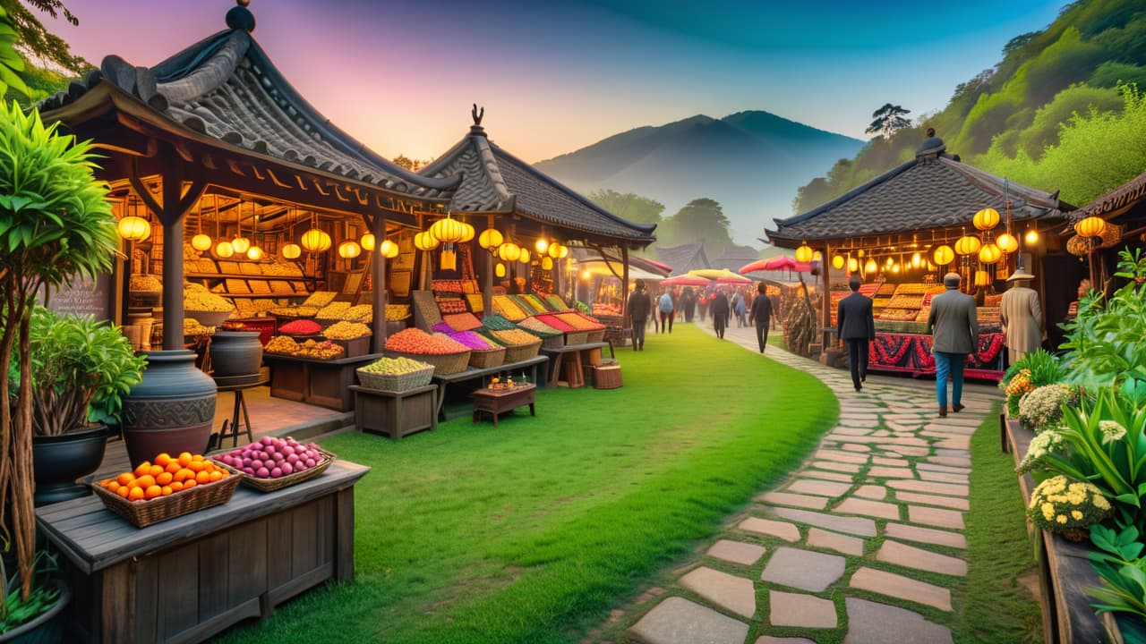  an ancient stone pathway lined with weathered statues, vibrant local crafts displayed in colorful market stalls, and tourists engaging with traditional artisans, all set against a backdrop of lush green hills and a setting sun. hyperrealistic, full body, detailed clothing, highly detailed, cinematic lighting, stunningly beautiful, intricate, sharp focus, f/1. 8, 85mm, (centered image composition), (professionally color graded), ((bright soft diffused light)), volumetric fog, trending on instagram, trending on tumblr, HDR 4K, 8K