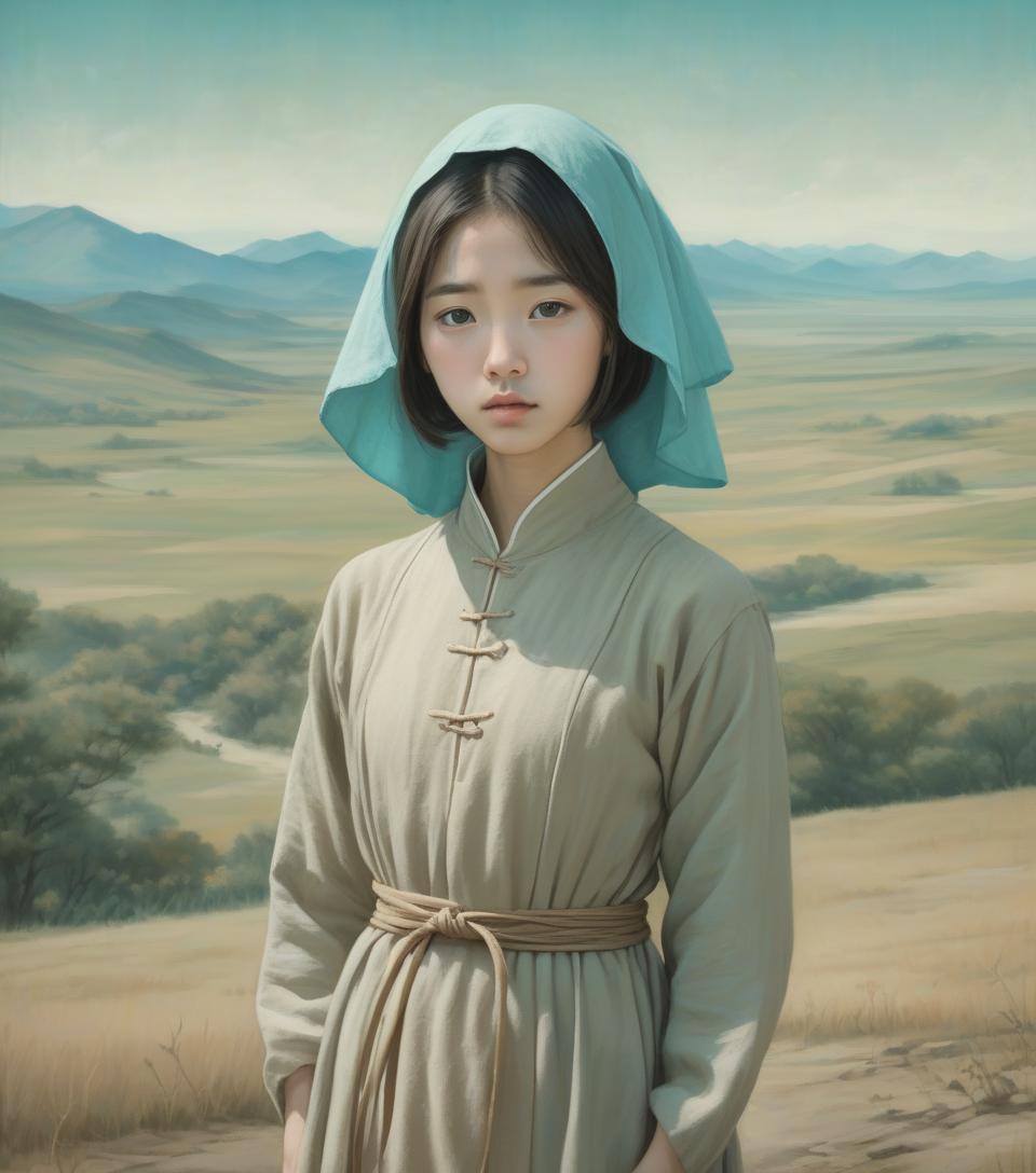  vintage front view portrait of a sad looking young and very cute korean girl, wearing a simple earth colored linen medieval dress and a linen coif, standing in front of vast landscape with a bright turquoise sky, muted earth colors, highly detailed, realistic