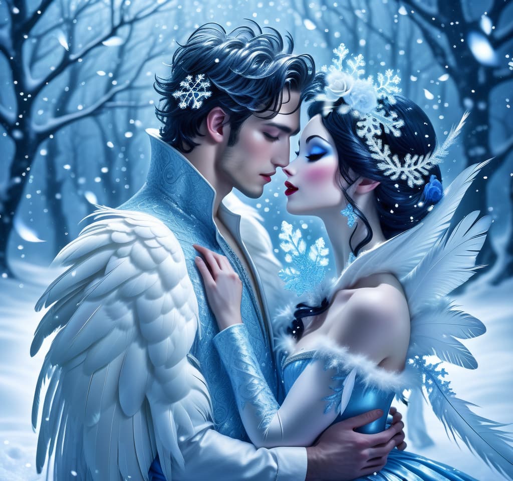  dreamscape thy name is (kiss the snow1,2) . ((key, (ice, blue1,6 sip)) ((blue eyed)) i've been jinxed ((snow singer1,8) . ((snow swan)) ((the snow swan)) feathers at my feet.( feathers flutter and slowly sink into the snow). (snow white swan): the head and body are creamy white with a silvery tint. wings of white blue colour from snowflakes (roses): light blue colour with leaves from ice crystals. background:soft blue with delicate patterns of falling snow and curls of blizzards, ice patterns on water.(style):fantasy, romantic art, silver age poetry, 19th century, dedication. . surreal, ethereal, dreamy, mysterious, fantasy, highly detailed, civitai, hkmagic