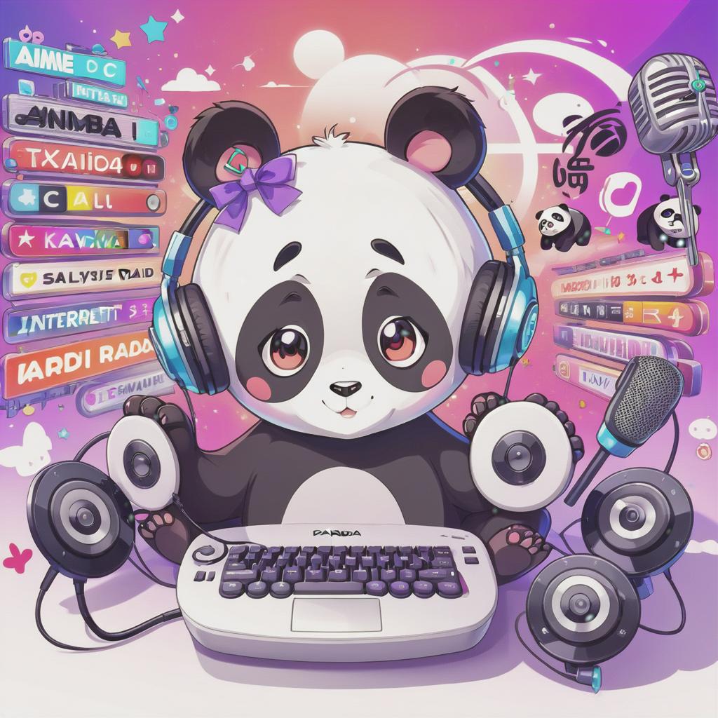  anime artwork internet radio logo, panda, kawaii radio text . anime style, key visual, vibrant, studio anime, highly detailed