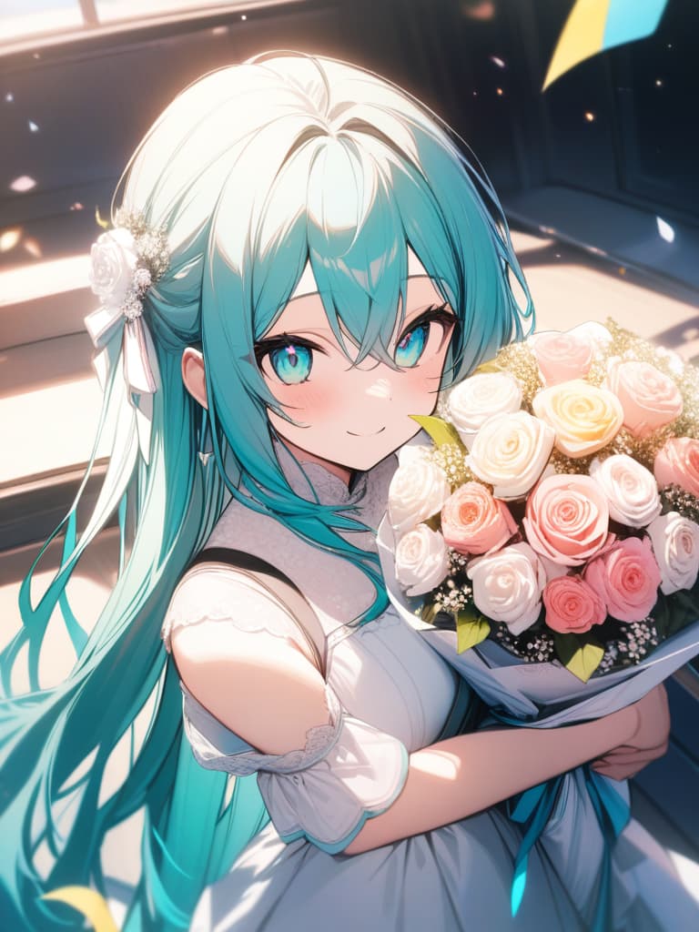  hatsune miku, white dress, cute, happybirthday, smile, bouquet, full smile, masterpiece, best quality,8k,ultra detailed,high resolution,an extremely delicate and beautiful,hyper detail