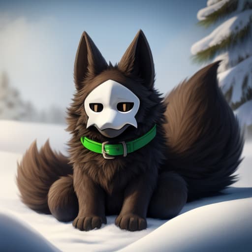  Puro, Grey and brown fur, big tail, fluffy tail, fluffy body, green collar, snow eviroment, Snow on fur, green collar, sitting, sleeping, open eyes, digital art, masterpiece, 4k, fine details,