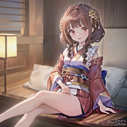  master piece , best quality,fragile girl, kimono, brown hair, red eyes, braids, dragon god