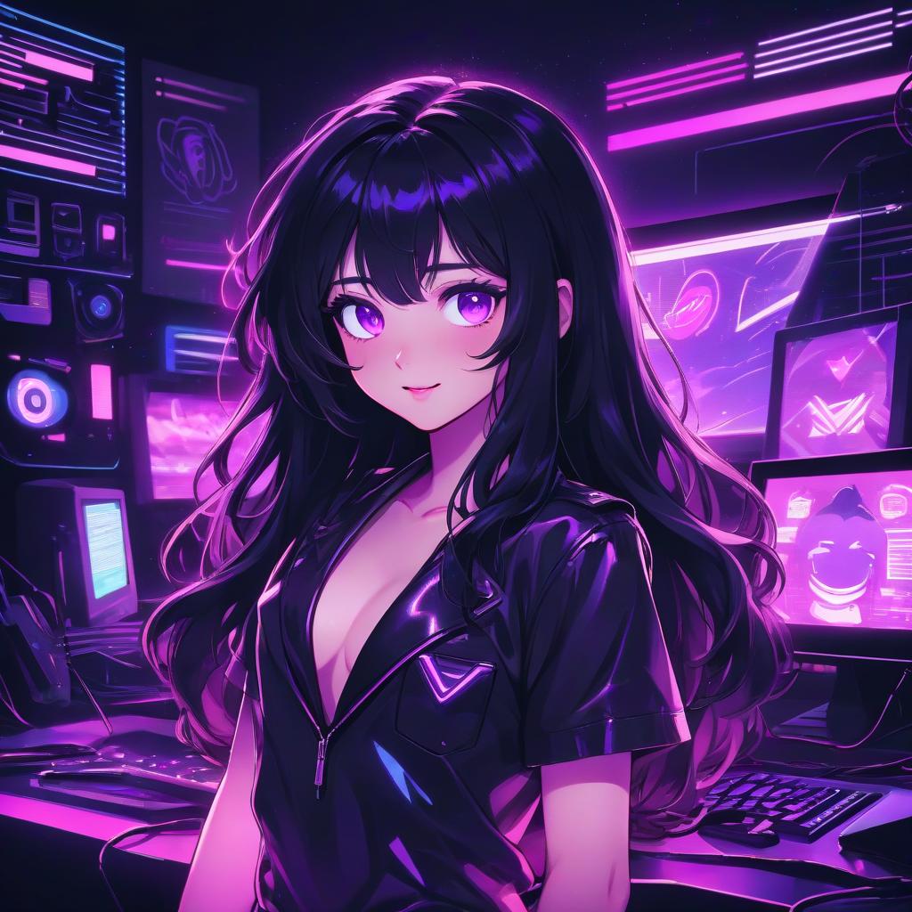  a girl with long black hair and purple eyes, ( ( ( synthwave ) ) ), beautiful kawaii lighting, my computer icon, dark short curly hair smiling, ultra phonk, stream, on, kami, ( ( ( in a dark, glowy