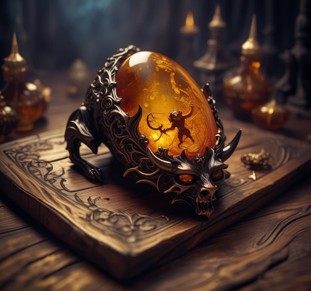  gothic style amber. amber lies on a wooden surface. there is a small figure of a demon inside the amber. hight detailed. hdr . dark, mysterious, haunting, dramatic, ornate, detailed