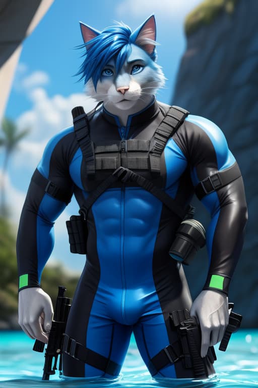  Cat anthro, Male, Big muscles, Royal Blue fur, Royal Blue hair, neon Blue eyes, Skintight neoprene suit, water, tactical gear, diving gear, rifle, open eyes, digital art, masterpiece, 4k, fine details,