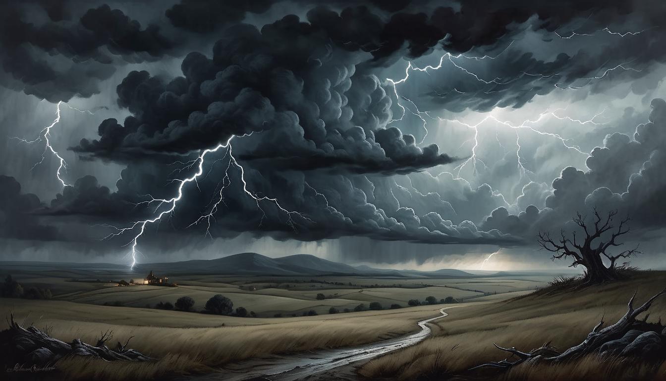  on parchment, surrealism+++, foreboding landscape, dark storm clouds gathering, horizon marked by lightning, brooding, ominous, tension in the air(mysterious, provocative, symbolic,muted color)+++