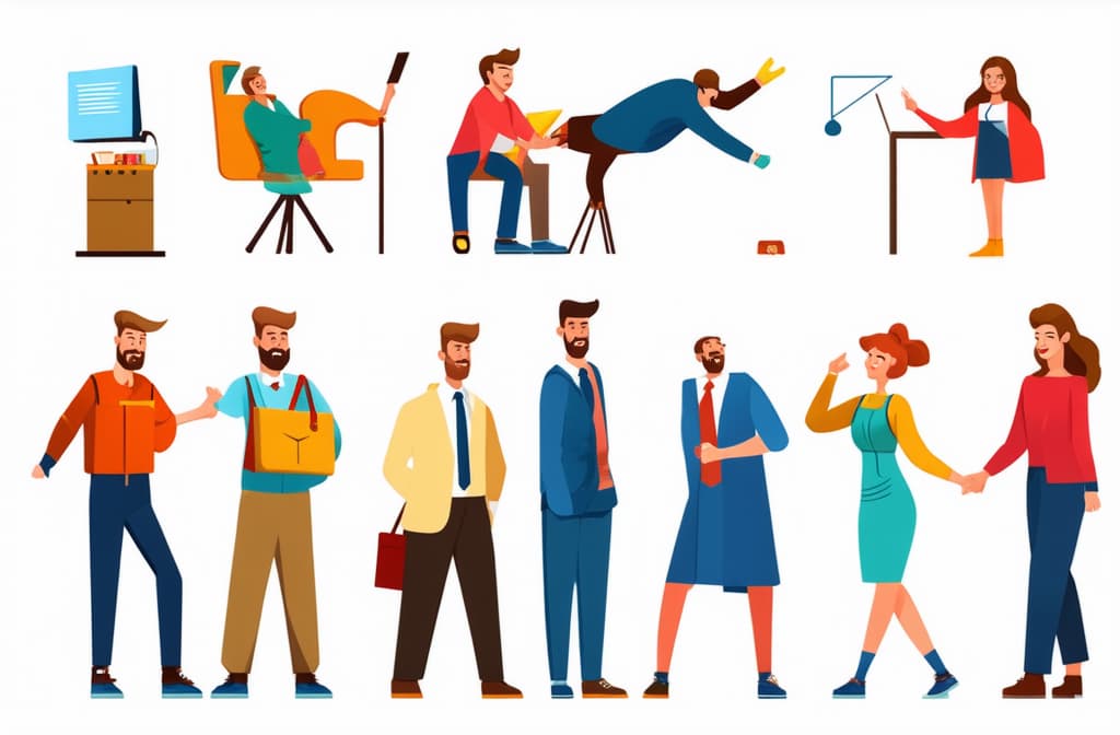  set of vector ready to animate characters of people performing various actions. group of men and women in flat cartoon style design isolated on white background. ar 3:2 {prompt}, maximum details