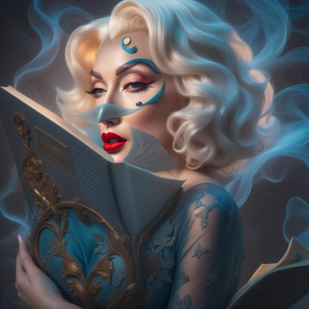  Art by Salvador Dali, Marilyn Monroe with a book in her hands hyperrealistic, full body, detailed clothing, highly detailed, cinematic lighting, stunningly beautiful, intricate, sharp focus, f/1. 8, 85mm, (centered image composition), (professionally color graded), ((bright soft diffused light)), volumetric fog, trending on instagram, trending on tumblr, HDR 4K, 8K