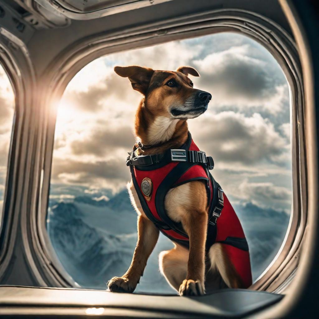  an excited dog inside a spaceship looking out of the window at clouds hyperrealistic, full body, detailed clothing, highly detailed, cinematic lighting, stunningly beautiful, intricate, sharp focus, f/1. 8, 85mm, (centered image composition), (professionally color graded), ((bright soft diffused light)), volumetric fog, trending on instagram, trending on tumblr, HDR 4K, 8K