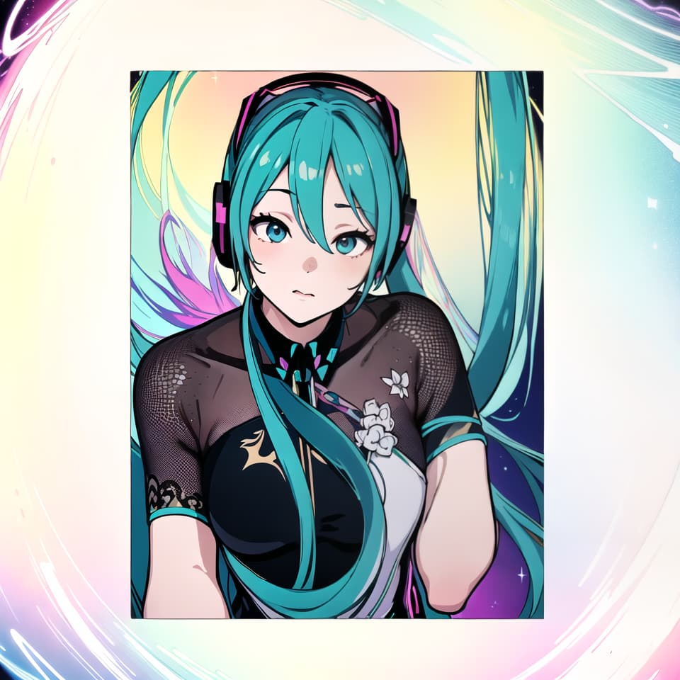  (masterpiece, best quality, highres:1.2), (intricate and beautiful:1.2), (detailed light:1.2), (colorful, dynamic angle), upper body shot, fashion photography of cute, intense long hair, (hatsune miku), dancing pose, flirting with pov, dynamic pose, soft moonlight passing through hair, (abstract colorful art background:1.3), (official art), (cinematic)