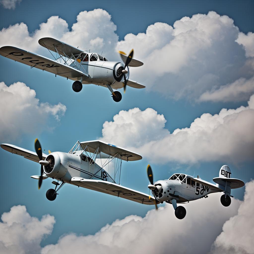  A vintage biplane flying through a sea of fluffy white clouds Apply the Following Styles: 3Drenderer hyperrealistic, full body, detailed clothing, highly detailed, cinematic lighting, stunningly beautiful, intricate, sharp focus, f/1. 8, 85mm, (centered image composition), (professionally color graded), ((bright soft diffused light)), volumetric fog, trending on instagram, trending on tumblr, HDR 4K, 8K