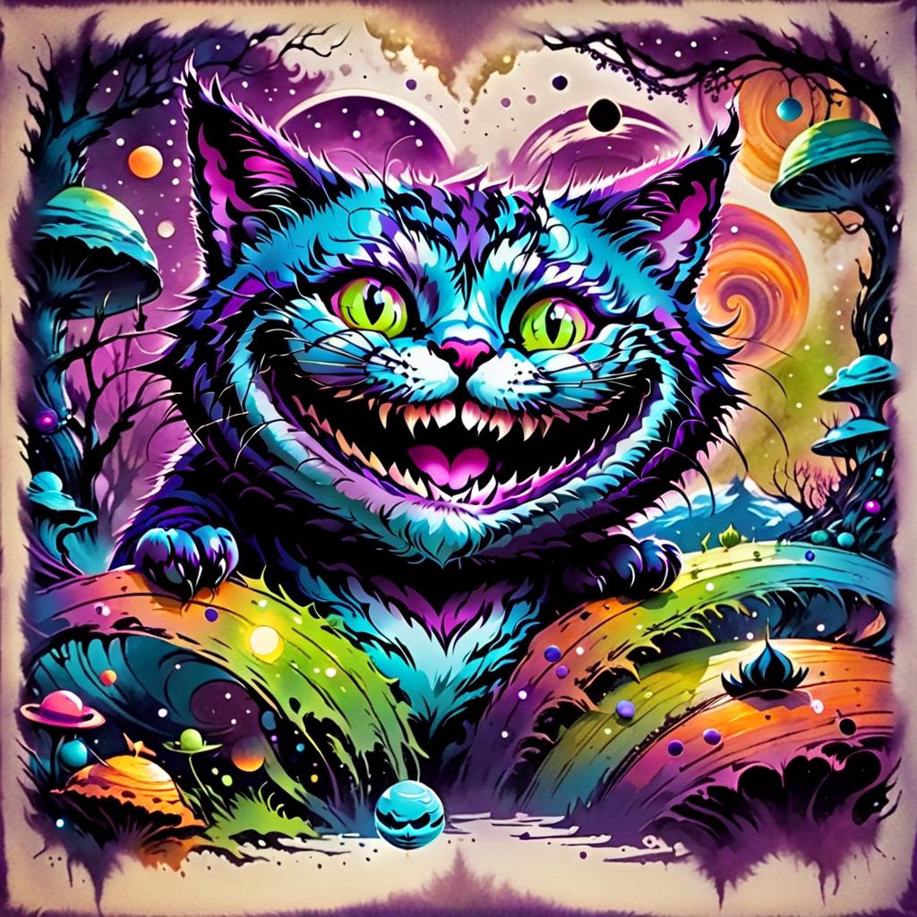  dreamscape the cheshire cat smiles broadly and sits on a branch, purple black purple green colors, space, moon and planets in the background . surreal, ethereal, dreamy, mysterious, fantasy, highly detailed, t shirt design