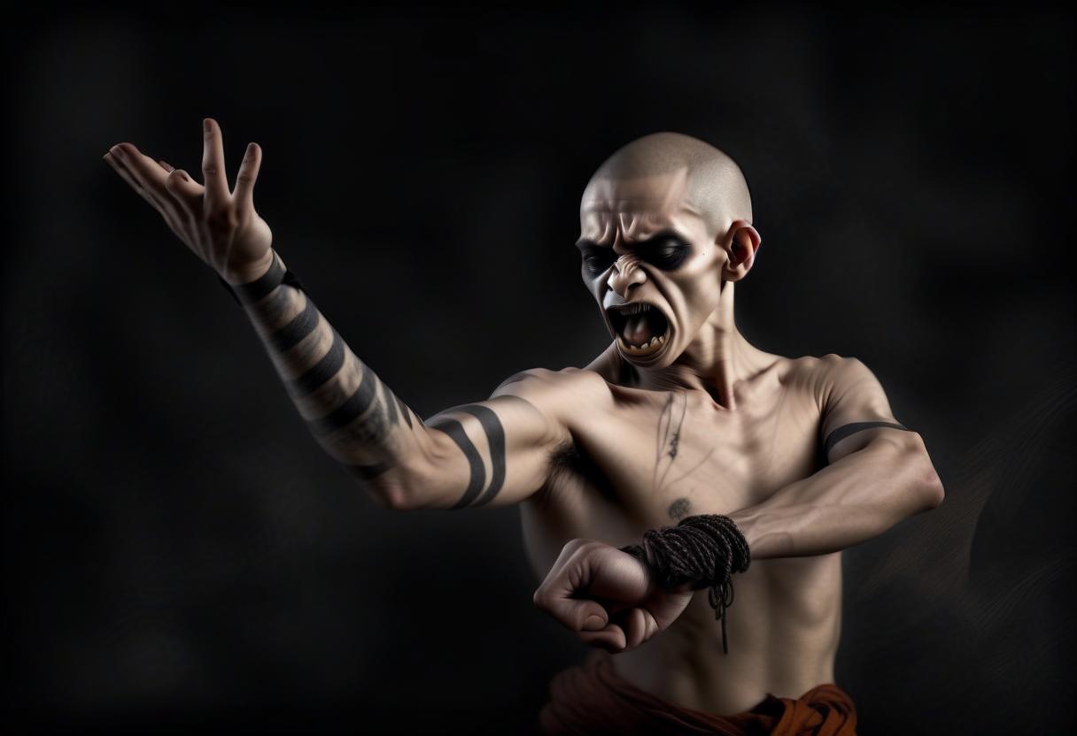  macabre style drawn monk fighter with a face, as in the original image. with a thin black tattoo stripe around his neck. don't twist all your hands. don't twist all your palms. don't twist all your fingers. . dark, gothic, grim, haunting, highly detailed, perfecteyes, perfect hands