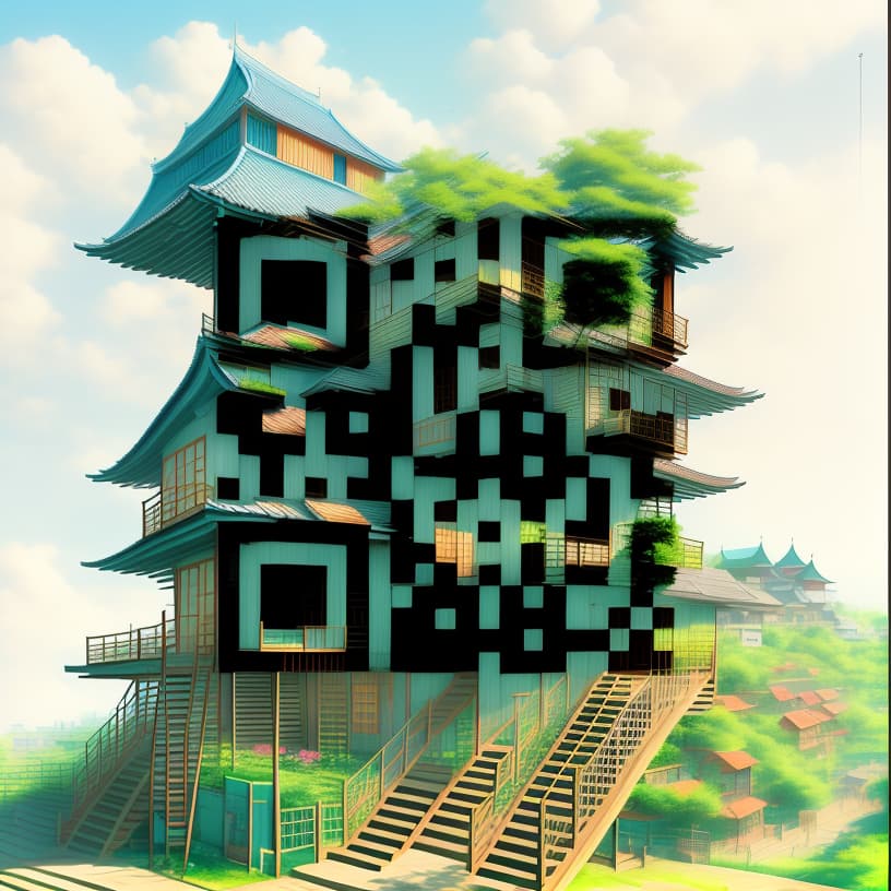  style anime, building, tree house, outdoors, stairs, architecture