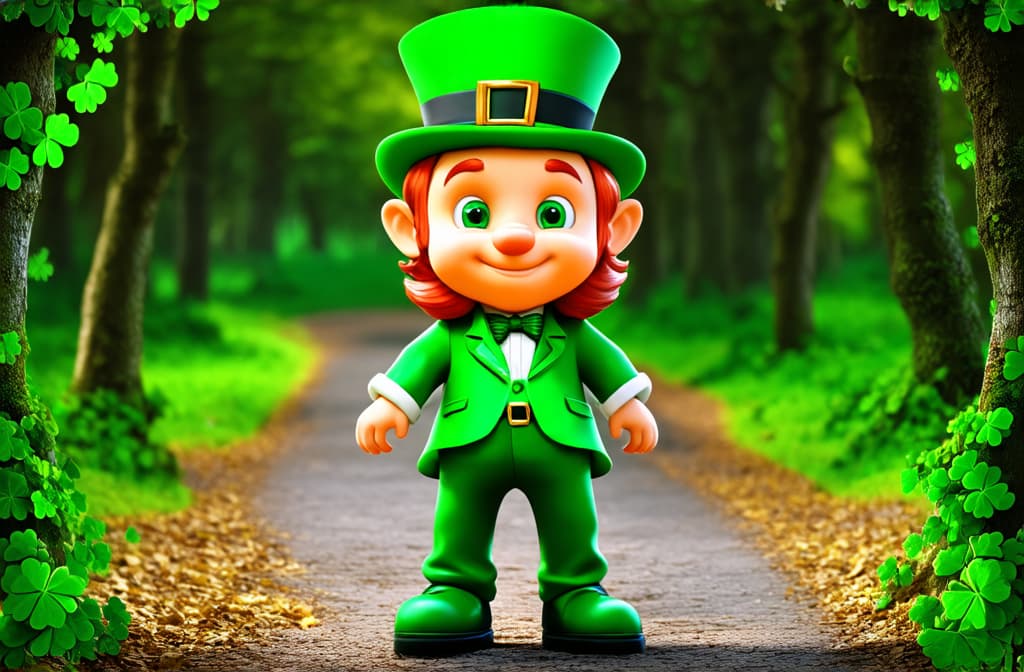  epic realistic, hyperdetailed, (cycles render:1.3), caustics, (glossy:0.58), (artstation:0.82),st. patrick's day. a little cartoon leprechaun with red hair in a green suit and a green hat stands on a forest path surrounded by shamrocks. design for postcards, flyers. ar 3:2