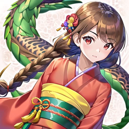  master piece , best quality,fragile girl, kimono, brown hair, red eyes, braids, dragon god