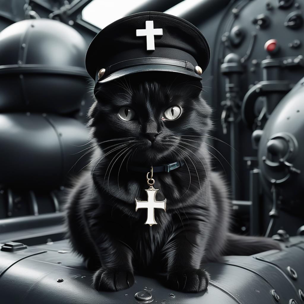  furry black cat with a knightly cross in a black white cap in a submarine