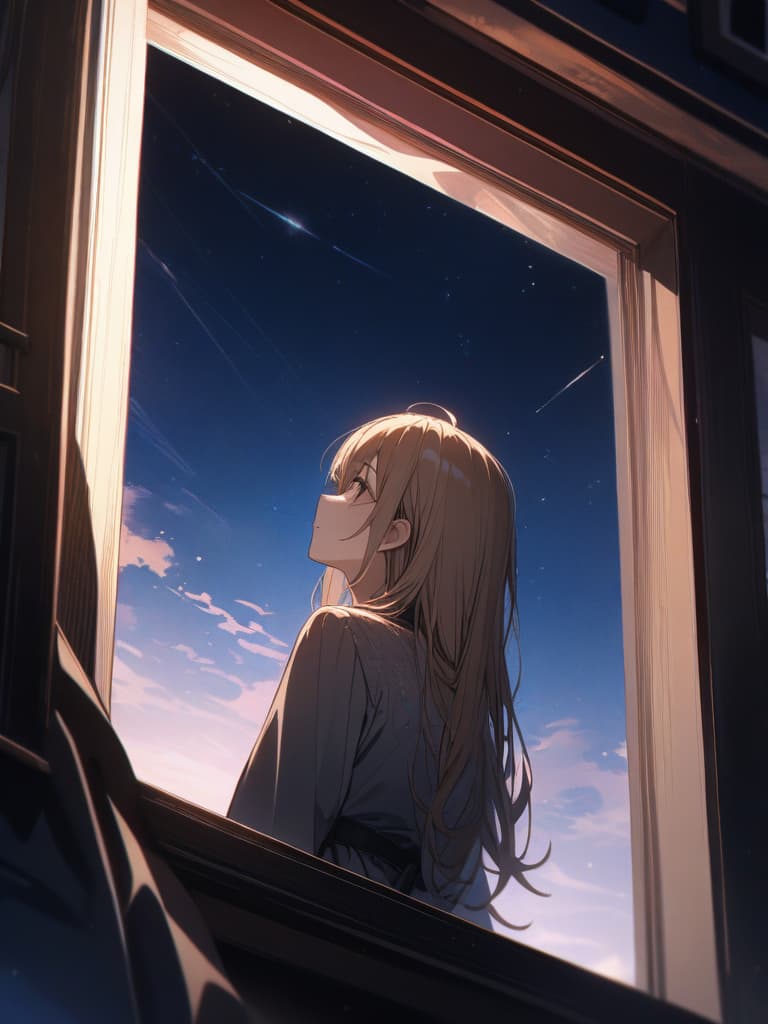  looking up from the window, the hair is long, the color of the hair is blonde, the sky is in the sky, the star is visible, looking up at the night sky, a slightly sad expression, masterpiece, best quality,8k,ultra detailed,high resolution,an extremely delicate and beautiful,hyper detail