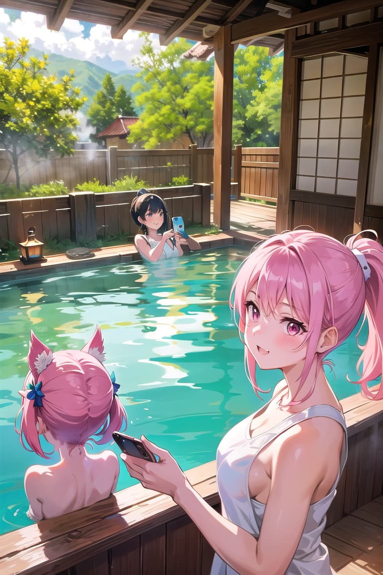  r 18, , , ,Fashionable, middle , ,random situation, pink haired ,ponytail,large eyes,capture a fun selfie moment with your smartphone in hand. Strike a pose, flash and snap a photo to remember. A group of women, laughing and chatting, enjoying a relaxing day at the hot springs. BREAK,Each woman holds a small towel, strategically covering their bodies, with billowing clouds of steam swirling around them. The towels are vint, with patterns of flowers and birds. BREAK,Capture the scene from a low angle, emphasizing the women's relaxed poses, with some sitting, some standing, and others leaning against the traditional wooden walls of the hot spring house. BREAK,The background is a beautiful, rustic hot spring resort, w