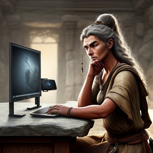  an ancient man sits on a stone behind a laptop on the monitor of which a beautiful girl super realistic detailed image 4k