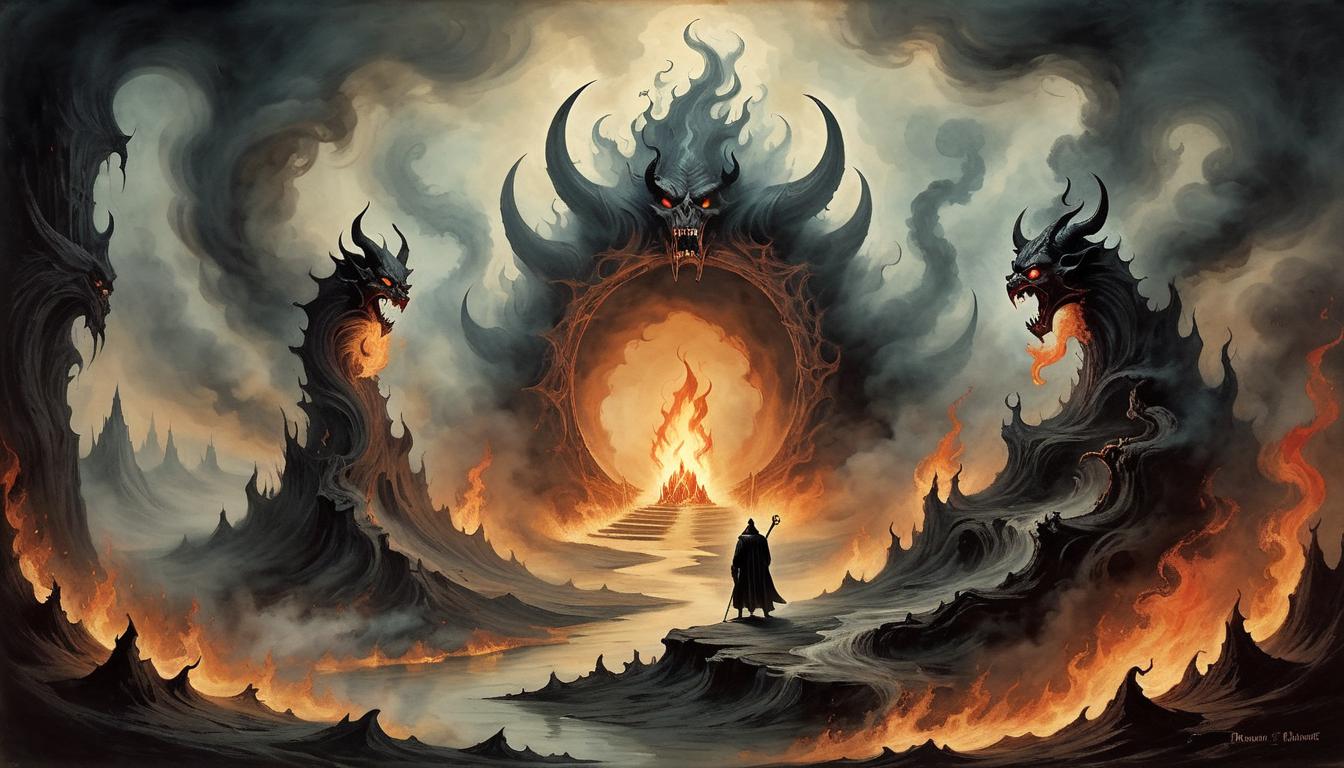  on parchment, surrealism+++, demon emerging from a portal, flames and smoke, twisted landscape, aura of darkness(mysterious, provocative, symbolic,muted color)+++