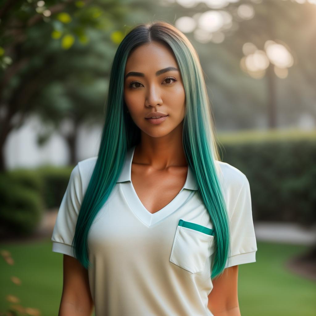  (((realistic full torso frontal head shot of a light tan skin tone woman))), aya sakura miyazaki, ((japanese heritage)), immature face, green eye color, ((long hair style)), ((blue hair color)), ((skinny body type)), small size, small size, (immature small straight nose), (immature high cheekbones), (immature soft jawline), (immature medium lips), (immature smooth forehead), (immature slight asymmetry), (immature arched eyebrows), standing straight looking directly into the camera,((wearing fitted polo shirt with deep v neck and monogrammed pocket)), backyard in background, 1girl, best quality, highest quality, award winning photo, masterpiece, raw, professional photography, photorealism, sharp focus, cinematic, high resolu hyperrealistic, full body, detailed clothing, highly detailed, cinematic lighting, stunningly beautiful, intricate, sharp focus, f/1. 8, 85mm, (centered image composition), (professionally color graded), ((bright soft diffused light)), volumetric fog, trending on instagram, trending on tumblr, HDR 4K, 8K