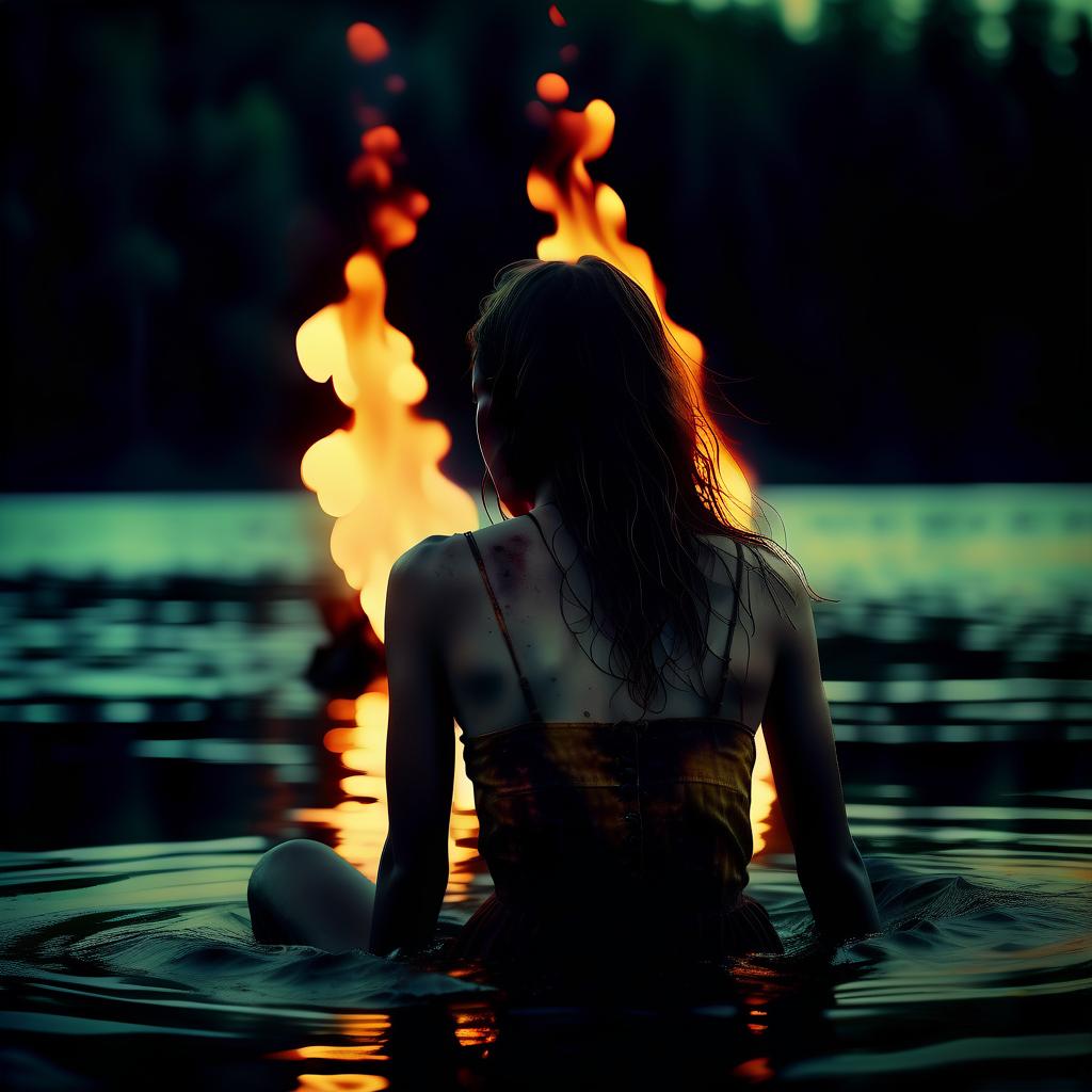  cinematic film still the girl sits in the water, there's a fire on the water, grunge style, summer solstice, dark essence, frightening. . shallow depth of field, vignette, highly detailed, high budget, bokeh, cinemascope, moody, epic, gorgeous, film grain, grainy