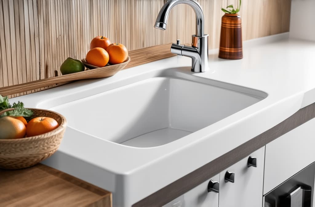  professional detailed photography, modern white minimalistic kitchen interior details. stylish white sink near mandarins ar 3:2, (muted colors, dim colors, soothing tones), (vsco:0.3)