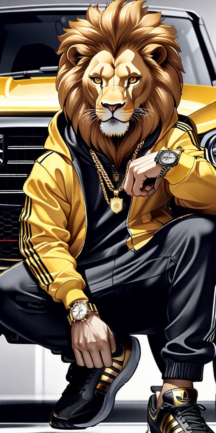  high quality, high detail, animal lion, lion in tracksuit "adidas", sits on the hood of a black mercedes benz g, hangs a gold chain with the pendant "adidas", on the hand of the watch gym, dumbbells on the floor, drawing, looking at the camera