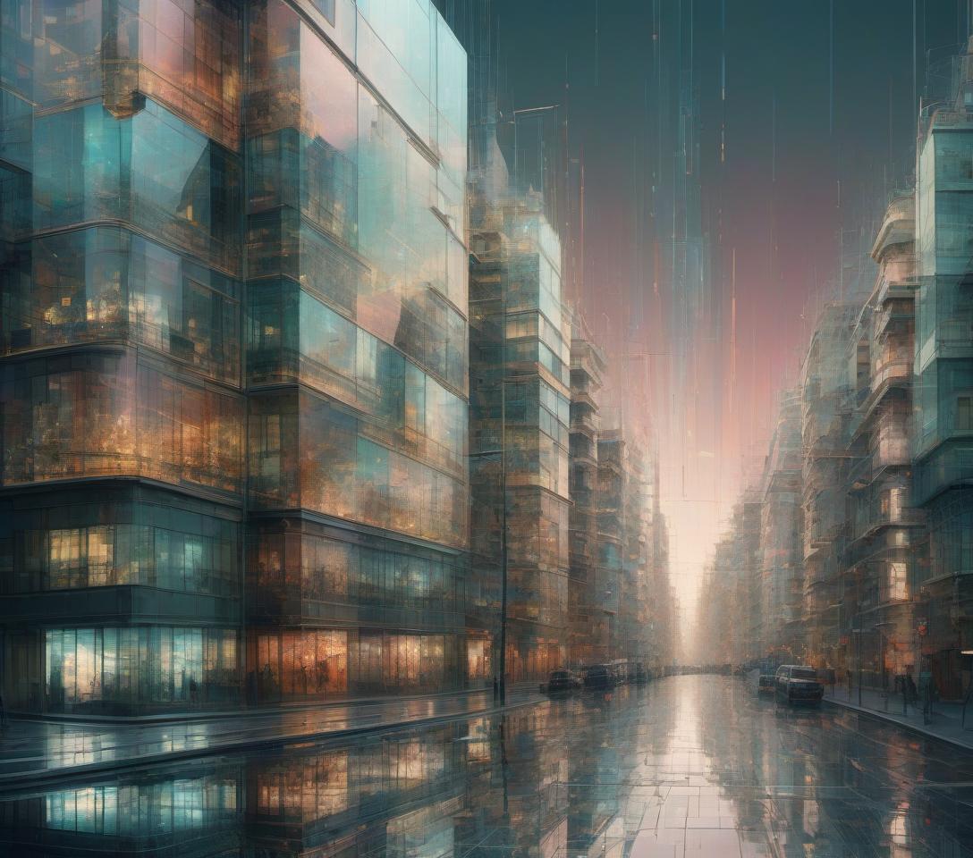  glass cityscape filled with reflecting lights, combined style of atelier olschinsky and tyler edlin, subtly colored 3d render by matisse