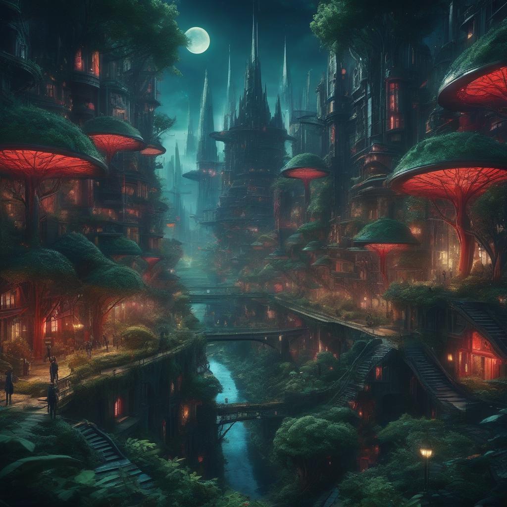  alchemical fairy mysterious forest cinematic super detail, night, dream, nightmare, darkness, green nature city, futuristic city, national city, colorful, massively, huge area, many details, red, green, black, blue, yellow, city, big city, 1920x1080 resolution, full hd v 4 stylization 500 by vampire hunter d