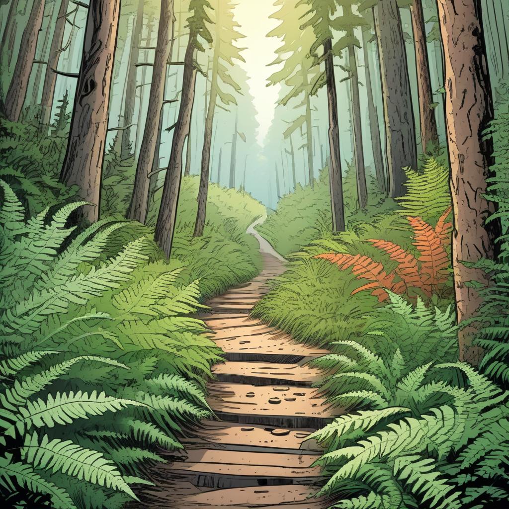  colored comic book image. in the forest from the road there is a path. on the sides of the path a fern blooms.