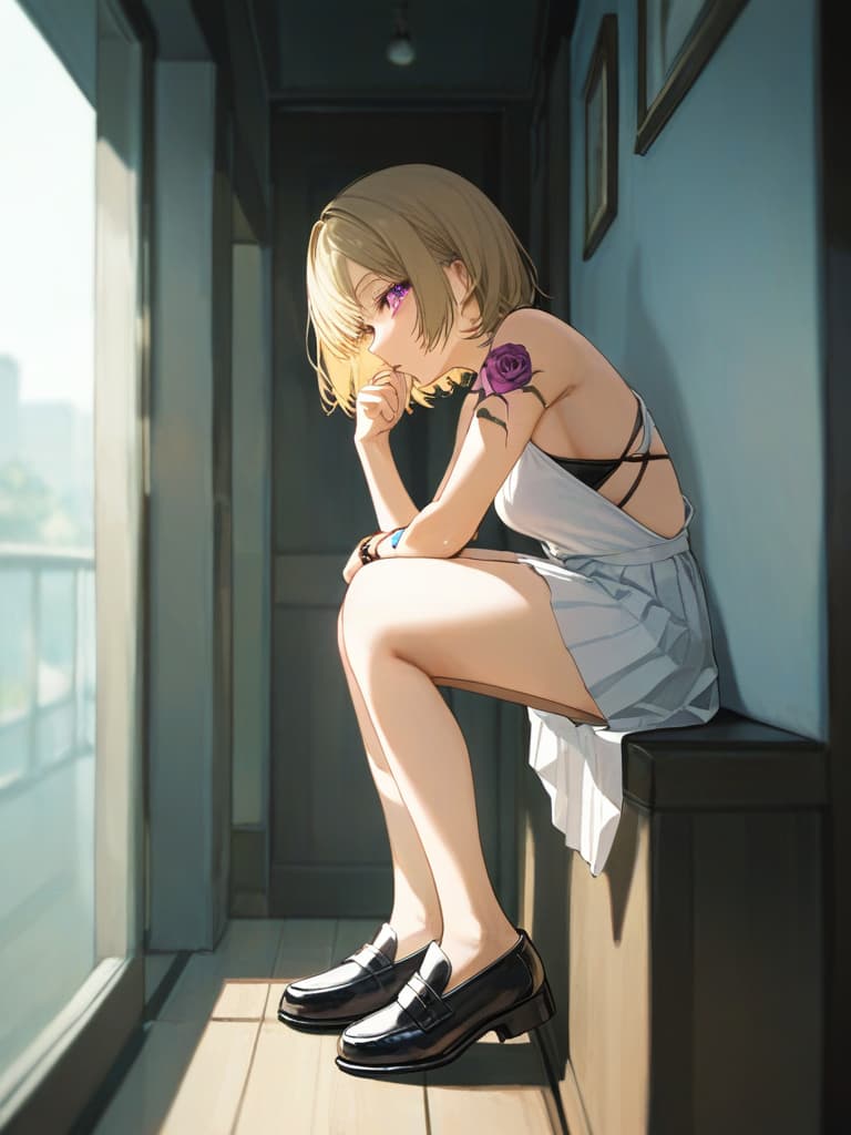  s wearing black loafers, s with blonde bob cut, white pleated s, white pleated s, s wearing spider nests on the left arm, s who smoke cigarettes, purple on the left . with rose tattoos, whole body, masterpiece, best quality,8k,ultra detailed,high resolution,an extremely delicate and beautiful,hyper detail