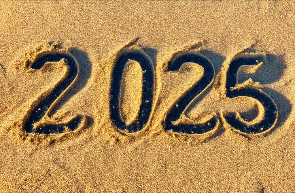  message year 2024 replaced by 2025 text written on beach sand background. good bye 2024 hello to 2025 happy new year coming concept. top view. ar 3:2 {prompt}, maximum details