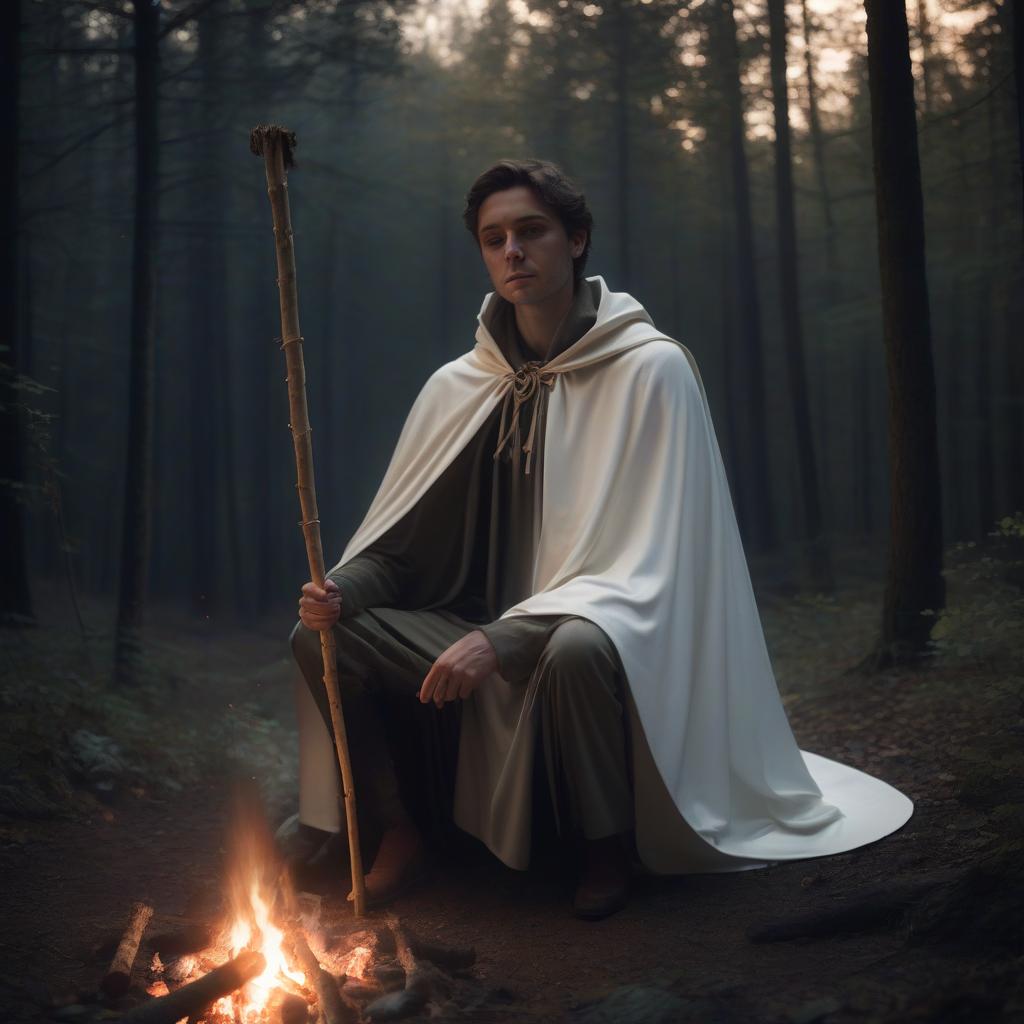  sage sitting in a white cape with a stick by the fire in the forest at night